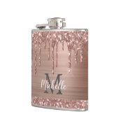 Roos Gouden Glitter Drips op Roze Metaal Monogramm Heupfles (Links)