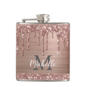 Roos Gouden Glitter Drips op Roze Metaal Monogramm Heupfles (Voorkant)