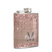 Roos Gouden Glitter Drips op Roze Metaal Monogramm Heupfles (Rechts)