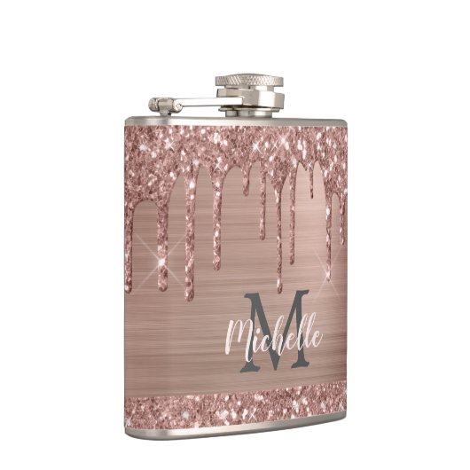 Roos Gouden Glitter Drips op Roze Metaal Monogramm Heupfles (Rechts)