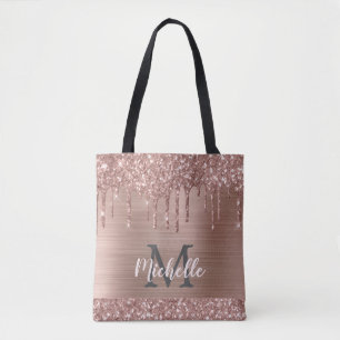 Roos Gouden Glitter Drips op Roze Metaal Monogramm Tote Bag