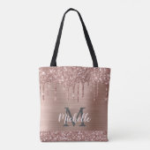 Roos Gouden Glitter Drips op Roze Metaal Monogramm Tote Bag (Achterkant)