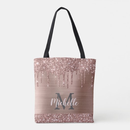 Roos Gouden Glitter Drips op Roze Metaal Monogramm Tote Bag (Achterkant)