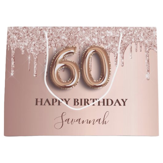 Roos gouden glitter druppels 60e verjaardag groot cadeauzakje (Voorkant)