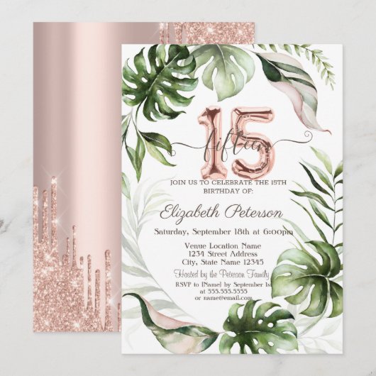 Roos gouden glitter druppels bladeren 15e kaart (Voorkant / Achterkant)