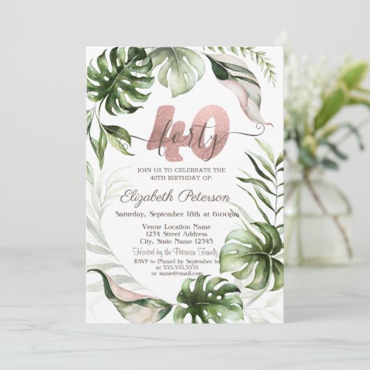 Roos gouden glitter druppels bladeren 40e geboorte kaart (Staand voorkant)