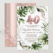 Roos gouden glitter druppels bladeren 40e geboorte kaart (Voorkant / Achterkant)