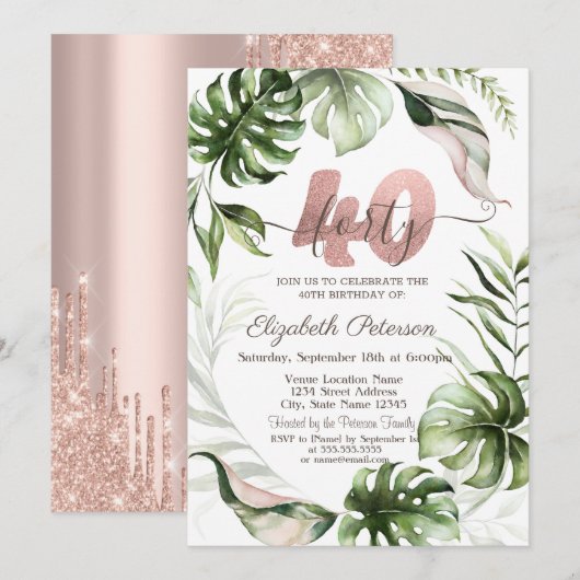 Roos gouden glitter druppels bladeren 40e geboorte kaart (Voorkant / Achterkant)