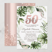 Roos gouden glitter druppels bladeren 50e verjaard kaart (Voorkant / Achterkant)