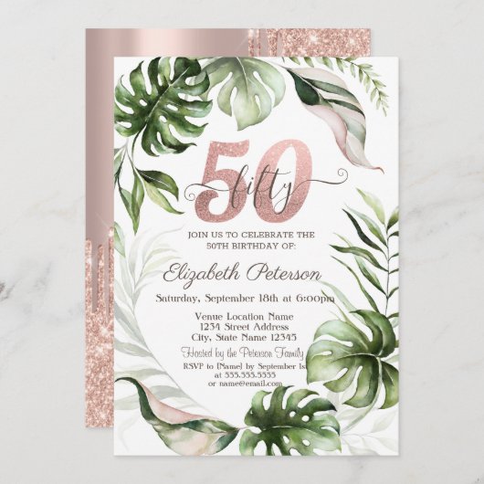 Roos gouden glitter druppels bladeren 50e verjaard kaart (Voorkant / Achterkant)