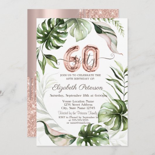 Roos gouden glitter druppels bladeren 60e verjaard kaart (Voorkant / Achterkant)