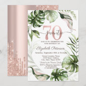 Roos gouden glitter druppels bladeren 70e verjaard kaart (Voorkant / Achterkant)