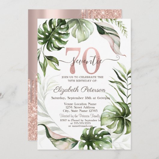 Roos gouden glitter druppels bladeren 70e verjaard kaart (Voorkant / Achterkant)