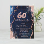 Roos gouden glitter druppels blauw agaat marmer 60 kaart (Staand voorkant)