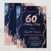 Roos gouden glitter druppels blauw agaat marmer 60 kaart (Voorkant / Achterkant)