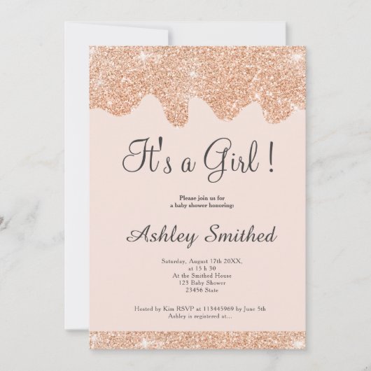 Roos gouden glitter druppels chique roze meisje ba kaart (Voorkant)