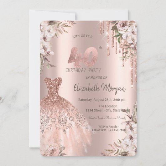 Roos Gouden Glitter Druppels Dress Floral 40e Verj Kaart (Voorkant)