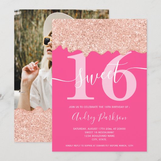 Roos gouden glitter druppels foto neon roze Sweet  Kaart (Voorkant / Achterkant)