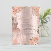 Roos Gouden Glitter Druppels Jurk Perzik Rozen Kaart (Staand voorkant)