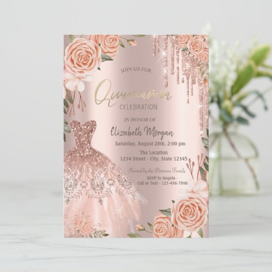 Roos Gouden Glitter Druppels Jurk Perzik Rozen Kaart (Staand voorkant)