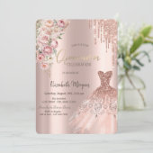 Roos Gouden Glitter Druppels Jurk Rozen Quinceañer Kaart (Staand voorkant)