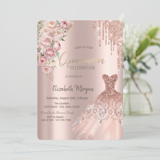 Roos Gouden Glitter Druppels Jurk Rozen Quinceañer Kaart (Staand voorkant)