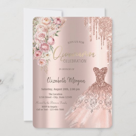 Roos Gouden Glitter Druppels Jurk Rozen Quinceañer Kaart (Voorkant)