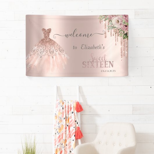 Roos Gouden Glitter Druppels, Kledingbloemen Sweet Spandoek (Insitu)