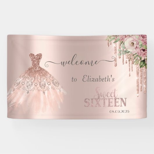 Roos Gouden Glitter Druppels, Kledingbloemen Sweet Spandoek (Horizontaal)