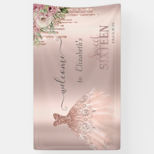 Roos Gouden Glitter Druppels, Kledingbloemen Sweet Spandoek (Verticaal)