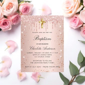 Roos gouden glitter druppels meisje doop uitnodiging briefkaart