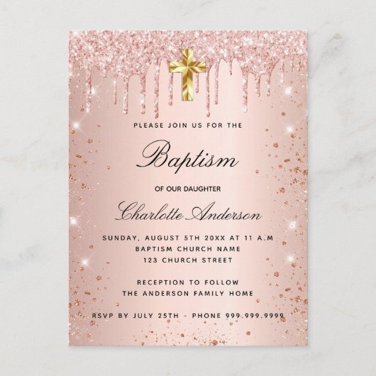 Roos gouden glitter druppels meisje doop uitnodiging briefkaart (Voorkant)