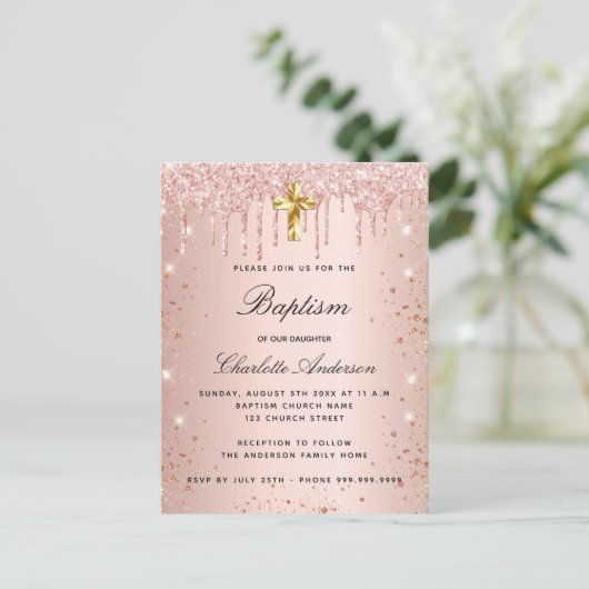 Roos gouden glitter druppels meisje doop uitnodiging briefkaart (Staand voorkant)