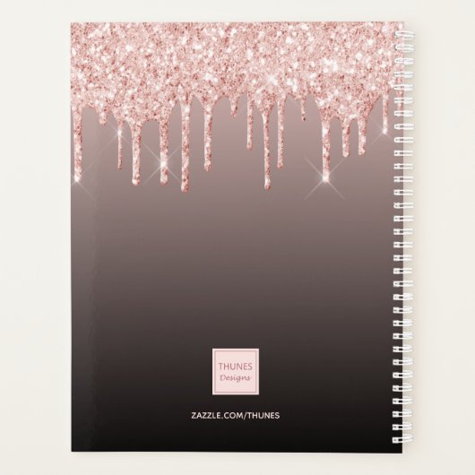Roos gouden glitter druppels zwart monogram 2024 planner (Achterkant)