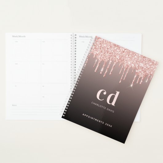 Roos gouden glitter druppels zwart monogram 2024 planner (Display)