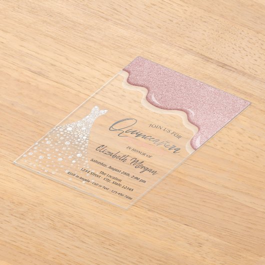 Roos Gouden Glitter Druppelt Diamantjurk Quinceañe Acryl Uitnodigingen (Laagn)