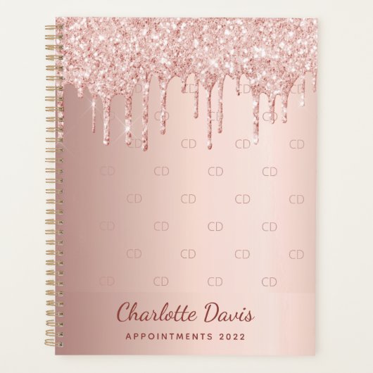 Roos Gouden Glitter Druppelt Monogram Script 2025 Planner (Voorkant)