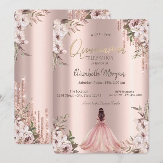 Roos Gouden Glitter Druppelt Prinses Jurk Bloemen Kaart (Voorkant / Achterkant)