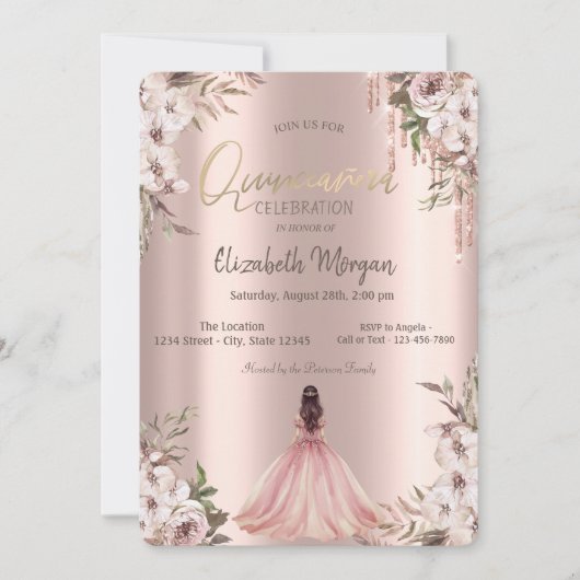 Roos Gouden Glitter Druppelt Prinses Jurk Bloemen Kaart (Voorkant)