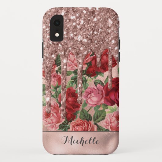 Roos Gouden Glitter Druppelt Roos Bloemen Naam Case-Mate iPhone Case (Achterkant)