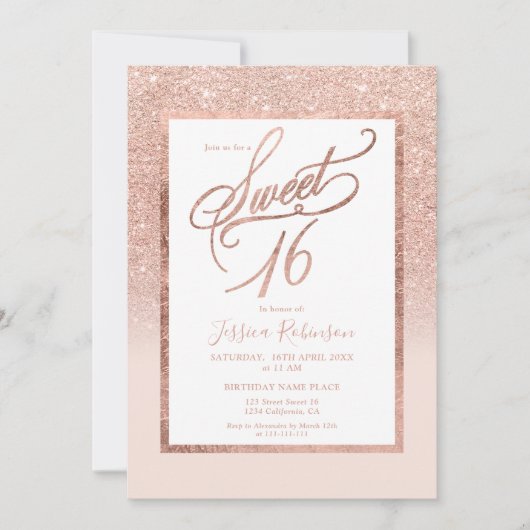 Roos gouden glitter elegant chic script Sweet 16 Kaart (Voorkant)