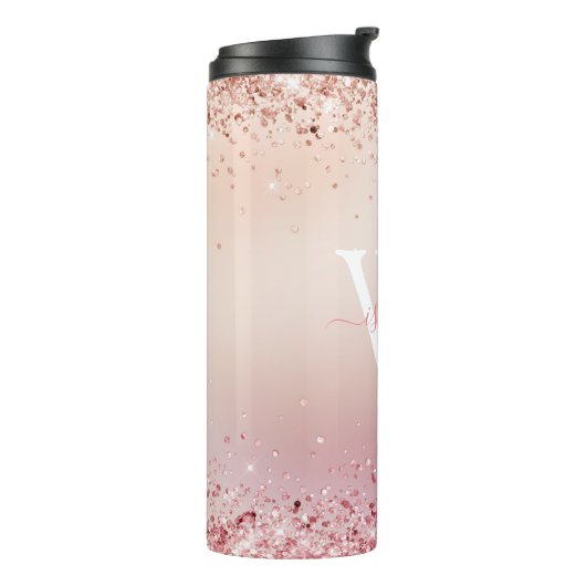 Roos Gouden Glitter Elegant Monogram Thermosbeker (Gedraaid links)