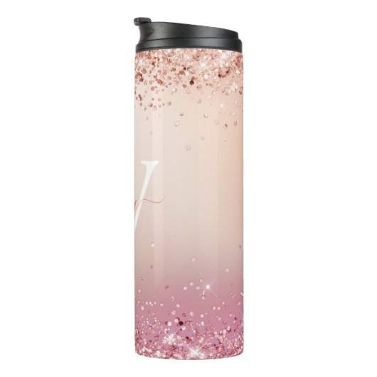 Roos Gouden Glitter Elegant Monogram Thermosbeker (Geroteerd rechts)