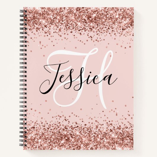 Roos Gouden Glitter en Blush Monogram Notitieboek (Voorkant)