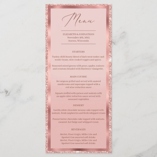 Roos gouden glitter en folie bruiloft diner menu (Voorkant)