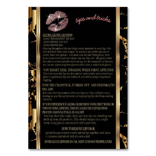 Roos Gouden Glitter en Marmeren Lip Instructies Kaart (Achterkant)