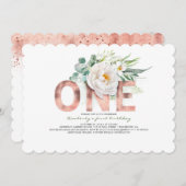 Roos Gouden Glitter en Witte Bloemen 1e Verjaardag Kaart (Voorkant / Achterkant)