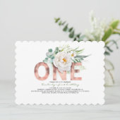 Roos Gouden Glitter en Witte Bloemen 1e Verjaardag Kaart (Staand voorkant)