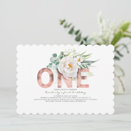 Roos Gouden Glitter en Witte Bloemen 1e Verjaardag Kaart (Staand voorkant)