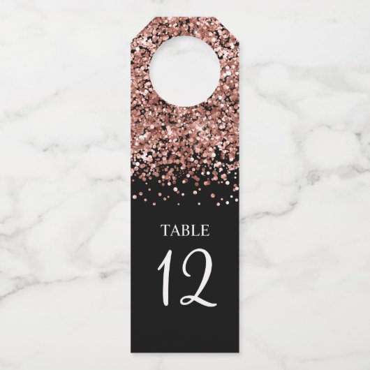 Roos Gouden Glitter en Zwart Glam Tafelnummer Flessenhanger (Voorkant)